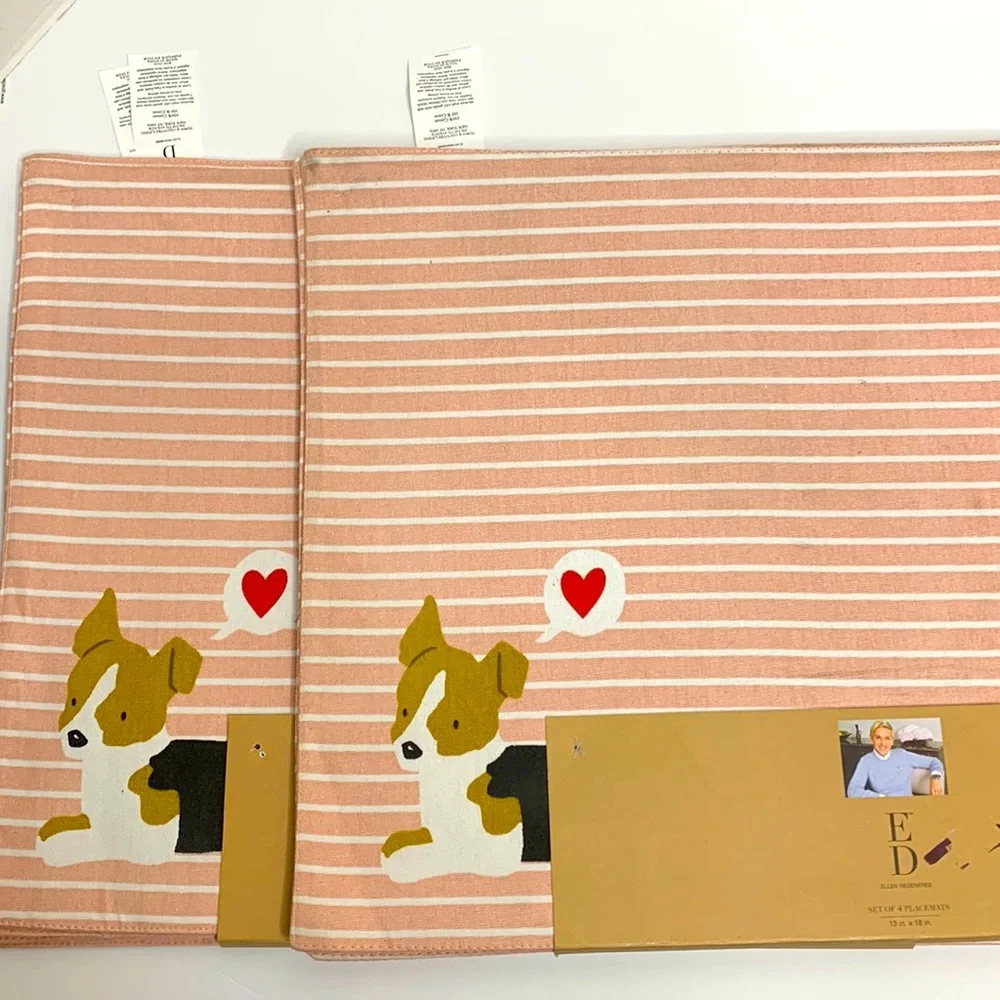 Ellen Degeneres | Pink & White Striped Set Of 4 Placemats | Dog Front Design NWT